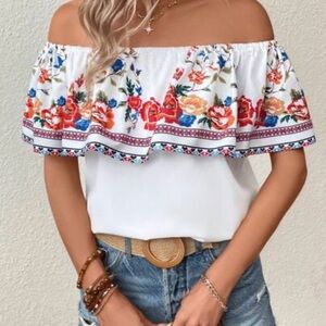 SHEIN Floral Off-Shoulder Blouse - White and Red
